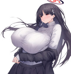 1girl absurdres black_hair black_halo black_jacket black_skirt blue_archive blunt_bangs blush breasts covered_erect_nipples hair_ornament hairclip halo highres huge_breasts jacket long_hair long_sleeves looking_at_viewer parted_lips pleated_skirt red_eyes ribbed_sweater rio_(blue_archive) simple_background skirt solo standing sweater turtleneck turtleneck_sweater white_background white_sweater yuuki_shuri