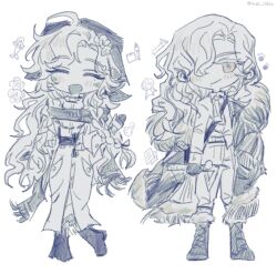 2girls ^_^ ahoge arm_out_of_sleeve bag boots closed_eyes closed_mouth coat deformed fang flower fur-trimmed_coat fur_trim greyscale hair_flower hair_ornament hair_over_one_eye headscarf highres holding_ruler jacket kim_8thhh long_hair long_skirt looking_at_viewer monochrome multiple_girls one_eye_covered open_mouth pants reverse:1999 scarf shirt shoulder_bag skirt smile standing vila_(reverse:1999) white_background windsong_(reverse:1999)