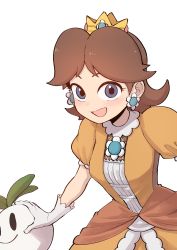 1girl blue_eyes blush breasts brown_hair commentary crown dress earrings female_focus flipped_hair flower flower_earrings flower_necklace highres jewelry juliet_sleeves long_sleeves looking_at_viewer mario_(series) medium_breasts necklace nintendo princess_daisy puffy_sleeves shiromanta simple_background smile solo super_mario_land turnip white_background yellow_dress
