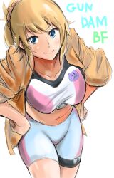 1girl absurdres animal_print blonde_hair blue_eyes breasts cat_print commentary_request copyright_name duralu500 gundam gundam_build_fighters gundam_build_fighters_try hands_on_own_hips highres hoshino_fumina large_breasts light_blush looking_at_viewer open_clothes open_shirt pink_sports_bra ponytail shorts simple_background smile solo sports_bra two-tone_sports_bra white_background white_shorts white_sports_bra