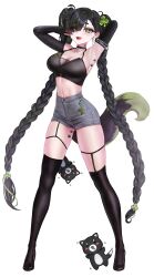 Rule 34 | 1girl, absurdres, animal ears, armpit tattoo, armpits, black bra, black sleeves, black thighhighs, bra, braid, breasts, character request, cleavage, copyright request, denim, denim shorts, detached sleeves, dog ears, eruthu, full body, gluteal fold, green eyes, halterneck, high-waist shorts, highres, large breasts, linea alba, long eyelashes, long hair, multicolored hair, navel, paw tattoo, shorts, solo, standing, streaked hair, tattoo, thighhighs, twin braids, underwear