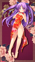 Rule 34 | 1girl, asahina yori, bare arms, blue ribbon, blush, breasts, china dress, chinese clothes, closed mouth, commentary request, dress, embarrassed, feet, floating hair, floral background, floral print, frilled ribbon, frills, frown, full body, groin, hair ribbon, hands up, highres, hip vent, legs, little busters!, long hair, looking at viewer, no panties, purple eyes, purple hair, pussy, pussy peek, red background, red dress, ribbon, sasasegawa sasami, shiny skin, simple background, small breasts, solo, thigh gap, thighs, two side up, v-shaped eyebrows, very long hair