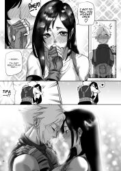 1boy 1girl aarokira absurdres blush clearing_throat cloud_strife couple english_text final_fantasy final_fantasy_vii fingerless_gloves forehead-to-forehead gloves happy heads_together heart hetero highres hug monochrome non-web_source sound_effects speech_bubble spoken_heart tifa_lockhart