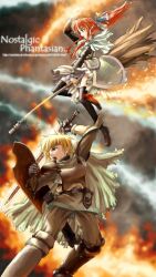 1boy 1girl arche_klein arm_up armor armored_boots bandaid bandaid_on_face black_thighhighs blonde_hair blue_bow boots bow broom broom_riding brown_shoes cape casting_spell cress_albane dress frilled_dress frills green_cape green_dress hair_bow hat high_ponytail holding holding_shield holding_sword holding_weapon inagaki_yoshiaki long_hair long_sleeves ponytail prototype_design red_hair shield shoes short_hair shoulder_armor swinging_weapon sword tales_of_(series) tales_of_phantasia thighhighs unsheathed weapon witch_hat
