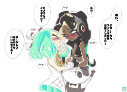dark-skinned_female dark_skin green_eyebrows green_pantyhose interlocked_fingers marina_(splatoon) namuro pantyhose pearl_(splatoon) splatoon_(series) splatoon_2 white_background yuri score:3 rating:general Rule 34 | dark-skinned female, dark skin, green eyebrows, green pantyhose, interlocked fingers, marina (splatoon), namuro, pantyhose, pearl (splatoon), splatoon (series), splatoon 2, white background, yuri