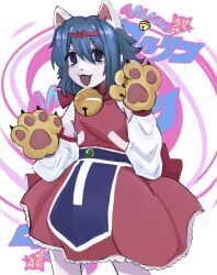 1girl animal_ears animal_hands bell blue_hair bow cat_ears cat_girl colored_skin commentary cowboy_shot detached_sleeves dress english_commentary gloves hair_between_eyes hair_bow highres jewelry jingle_bell looking_at_viewer magical_girl neck_bell nhk_ni_youkoso! open_mouth paw_gloves pink_bow pink_dress punpuncore purple_eyes pururin_(nhk) sleeveless sleeveless_dress smile solo white_background white_skin white_sleeves