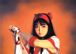 1girl armpits black_hair bow brown_eyes fingerless_gloves gloves hair_bow hairband highres kodachi lips mori_toshiaki nakoruru official_art photorealistic realistic red_bow retro_artstyle reverse_grip samurai_spirits short_sword solo sword weapon