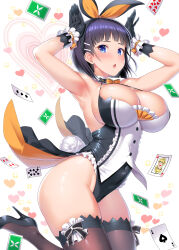 1girl :o alternate_costume animal_ears armpits arms_up black_hair blue_eyes breasts capelet card cleavage commentary_request covered_navel detached_collar fake_animal_ears gloves hair_ornament hair_ribbon hairclip heart high_heels highres jumping kawase_seiki kirigaya_suguha knees_together_feet_apart large_breasts leotard medium_hair neck_ribbon open_mouth playboy_bunny playing_card rabbit_ears rabbit_girl rabbit_pose rabbit_tail ribbon shiny_skin solo sparkle sword_art_online tail thighhighs thighs white_background