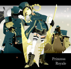1girl al_(arupaka) black_gloves blonde_hair boots cowardly_lion dorothy_gale garter_straps gloves hat original ponytail princess_royale scarecrow_(the_wizard_of_oz) scythe the_wizard_of_oz thighhighs tin_man_(the_wizard_of_oz) toto_(the_wizard_of_oz) white_thighhighs yellow_eyes