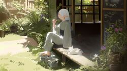 absurdres building cat closed_eyes dappled_sunlight day earrings elf flower frieren grass hand_fan highres holding holding_fan house japanese_clothes jewelry kimono long_hair nature outdoors photo-referenced pointy_ears porch rock sash scenery sitting sousou_no_frieren sunlight takoyoomi teardrop_earrings white_hair white_kimono