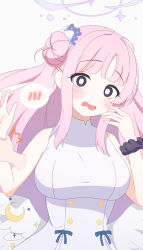 1girl 1other absurdres angel_wings blue_archive blue_ribbon blush breasts commentary dress fortysansan grabbing_another&#039;s_arm hair_bun highres large_breasts long_hair mika_(blue_archive) o_o open_mouth pink_hair ribbon simple_background sleeveless sleeveless_dress solo_focus white_background white_dress wings