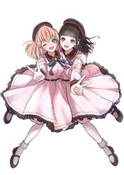 2girls 4th_live_dream_~bloom_the_dream_believers~ animification beret black_hair blue_ribbon breasts brown_hat brown_shoes collared_dress commentary_request contrast_collar dream_believers dress flower_stand_art full_body hair_ornament hand_on_another&#039;s_arm hat highres hinoshita_kaho link!_like!_love_live! long_sleeves looking_at_viewer love_live! mary_janes medium_breasts medium_hair multiple_girls neck_ribbon nirei_nozomi official_alternate_costume orange_hair rabbit_hair_ornament real_life ribbon shoes simple_background socks two_side_up v virtual_youtuber voice_actor voice_actor_connection white_background white_socks yugayugalegato
