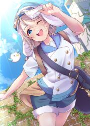 1girl backpack bag bird blue_skirt brick brick_wall building cloud cloudy_sky envelope genjitsu_no_yohane goggles goggles_on_head hat highres looking_to_the_side love_live! love_live!_sunshine!! mailman nigauri outdoors plant running sailor_collar shirt short_hair short_sleeves shorts shoulder_bag skirt sky solo sun sunlight thighs vines watanabe_you you_(genjitsu_no_yohane)