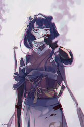 1girl absurdres arm_up artist_name back_bow blood blood_on_face blunt_bangs blurry blurry_background bow bridal_gauntlets chikidoong depth_of_field flower genshin_impact hair_ornament hand_on_own_face highres holding holding_polearm holding_weapon japanese_clothes kimono korean_commentary long_hair looking_at_viewer mitsudomoe_(shape) neck_ribbon polearm purple_eyes purple_hair purple_kimono raiden_shogun red_ribbon red_sash ribbon sash shade solo standing tomoe_(symbol) weapon wide_sleeves wisteria