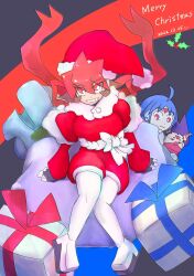 Rule 34 | 1girl, 2boys, artist request, atlas (mega man), blue hair, breasts, brown hair, chibi, christmas, christmas present, dated, facial mark, forehead mark, gift, hat, highres, large breasts, looking at viewer, mega man (series), mega man zx, mega man zx advent, mistletoe, multicolored hair, multiple boys, orange hair, purple hair, red eyes, ribbon, santa costume, santa hat, short hair, siarnaq (mega man), smile, tagme, thetis (mega man)