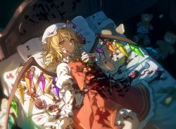Rule 34 | 1girl, absurdres, ascot, bed, bedroom, blonde hair, blood, blood on clothes, blood on face, blood stain, broken glass, closed mouth, crystal wings, cup, drinking glass, feet out of frame, flandre scarlet, frilled skirt, frilled wrist cuffs, frills, glass, hat, hat ribbon, highres, indoors, long hair, looking at viewer, lying, maisuiren, mob cap, multicolored wings, on back, pointy ears, puffy short sleeves, puffy sleeves, red eyes, red ribbon, red skirt, red vest, ribbon, shirt, short sleeves, skirt, solo, spill, stuffed animal, stuffed toy, stuffing, teddy bear, touhou, vest, white hat, white shirt, white wrist cuffs, wine glass, wings, wrist cuffs, yellow ascot