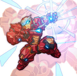 1boy armor blue_eyes chest_jewel chibi glowing glowing_eyes helmet highres iron_man iron_man_(series) male_focus marvel marvel_tokon:_fighting_souls power_armor powering_up red_armor red_helmet simple_background solo_focus uungunover white_background yellow_helmet zoom_layer