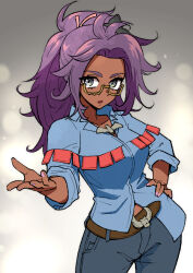 1girl :o belt blue_shirt breasts brown_belt collared_shirt commentary_request cowboy_shot creatures_(company) dark-skinned_female dark_skin eyelashes game_freak glasses gomomo00 grey_eyes hair_ornament hand_on_own_hip long_hair looking_at_viewer nail_polish nintendo open_mouth pants pokemon pokemon_sv purple_hair raifort_(pokemon) semi-rimless_eyewear shirt solo