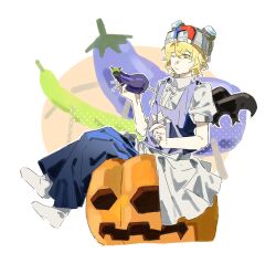 Rule 34 | 1other, aaayamitsu, androgynous, baggy pants, bird wings, black wings, blonde hair, blue pants, brown-framed eyewear, center frills, closed mouth, collared shirt, eggplant, food, frills, frown, full body, goggles, goggles on headwear, grey helmet, hair between eyes, halftone, helmet, highres, holding, holding food, holding pen, holding vegetable, jack-o&#039;-lantern, len&#039;en, looking ahead, magnet, one eye closed, other focus, outline, pants, pen, puffy short sleeves, puffy sleeves, purple vest, round eyewear, shirt, short hair, short sleeves, sitting, socks, solo, star (symbol), star print, umatachi tsugumi, vegetable, vest, white background, white outline, white shirt, white socks, wings, yellow eyes