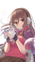1girl black_gloves breasts brown_hair brown_skirt cape cleavage commentary_request earmuffs fur-trimmed_gloves fur_trim gloves hair_between_eyes hands_up high_collar highres holding kamome_yuu looking_at_viewer medium_breasts nail_polish original parted_lips pink_nails pleated_skirt purple_cape red_eyes red_shirt shirt simple_background skirt solo white_background