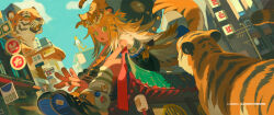 Rule 34 | 1girl, animal ear fluff, animal ears, blonde hair, building, colored inner hair, dutch angle, green eyes, highres, ju fufu, long hair, looking at viewer, multicolored hair, official art, open mouth, striped hair, tail, tiger, tiger ears, tiger girl, tiger stripes, tiger tail, white hair, zenless zone zero