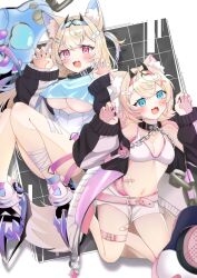 2girls animal_ears bikini black_jacket blonde_hair blue-tinted_eyewear blue_eyes blue_hair blush breasts claw_pose dog_ears dog_girl dog_tail dress eyewear_on_head fake_horns full_body fuwawa_abyssgard heonemo_0412 highres hololive hololive_english horns jacket large_breasts mococo_abyssgard multicolored_hair multiple_girls navel official_alternate_costume open_clothes open_jacket pink_eyes pink_hair red-tinted_eyewear shorts siblings sisters small_breasts streaked_hair swimsuit tail tinted_eyewear twins two-tone_hair two_side_up underboob virtual_youtuber white_bikini white_dress white_shorts