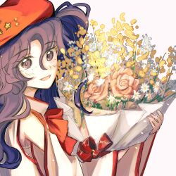 1girl bare_shoulders bouquet bow bowtie detached_sleeves dolls_in_pseudo_paradise flat_cap flower happy hat hat_ornament highres holding holding_bouquet hourai_doll long_sleeves mandarin_collar newsboy_cap purple_eyes purple_hair red_bow red_bowtie red_hat red_ribbon ribbon shirt side_ponytail simple_background solo star_(symbol) star_hat_ornament touhou upper_body uzumibi white_background white_shirt white_sleeves