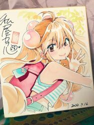 1girl 2022 ahoge backpack bag blonde_hair breasts brown_eyes crop_top dated hair_bobbles hair_ornament kodomo_no_jikan kokonoe_rin long_hair looking_at_viewer midriff official_art photoshop_(medium) pink_background randoseru signature small_breasts smile solo traditional_media twintails upper_body very_long_hair watashiya_kaworu waving