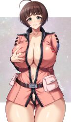 1girl ahoge aqua_eyes belt belt_buckle belt_pouch blunt_bangs breasts brown_belt brown_hair buckle clothes_writing collarbone commentary commission dated deep_skin gluteal_fold grabbing_own_breast harada_makoto highres huge_breasts jacket long_sleeves looking_at_viewer micro_shorts navel no_bra open_clothes open_jacket parted_lips pink_jacket pink_shorts pouch short_hair shorts skeb_commission smile solo thick_thighs thighs uchuu_senkan_yamato uniform wide_hips yoohi