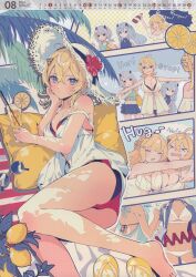 august bad_link bikini bikini_under_clothes blonde_hair blue_eyes calendar_(medium) dress feet_out_of_frame food fruit hair_ornament hairclip hat highres hoshiakari_(c2_kikan) hug i-201_(kancolle) i-203_(kancolle) kantai_collection lemon lemon_slice lying medium_hair official_art on_side ranger_(kancolle) red_bikini summer sun_hat swimsuit tuscaloosa_(kancolle) white_dress white_hat