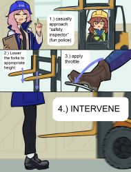 2girls :3 absurdres accident arrow_(symbol) black_footwear black_pants blue_helmet blue_jacket blue_pants boots braid brown_footwear brown_gloves brown_hair casually_approach_child_(meme) centurii-chan character_request clipboard closed_eyes denim engineer_(centurii-chan) english_text forklift gloves grey_hair hair_over_shoulder hard_hat helmet highres holding holding_clipboard imminent_injury jacket jeans long_hair meme motor_vehicle multiple_girls open_mouth original osha pants pointing pointing_up single_braid wheel yellow_eyes yellow_helmet