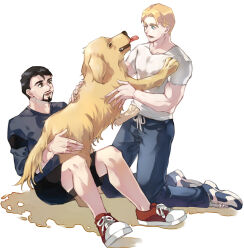 Rule 34 | 2boys, animal, animal ears, animal nose, animification, avengers (series), black hair, black shorts, blonde hair, blue eyes, blue pants, brown eyes, chinese commentary, commentary request, covered collarbone, dog, dog ears, dog tail, facial hair, fingernails, grey shirt, highres, holding, holding animal, long sleeves, looking at animal, looking at another, marvel, multiple boys, muscular, muscular male, one eye closed, open mouth, pants, pet, ribbon, shadow, shirt, shoes, short hair, short sleeves, shorts, simple background, sitting, smile, sneakers, steve rogers, t-shirt, tail, teeth, tongue, tongue out, tony stark, white background, white ribbon, white shirt, yellow dog, yellow fur, yizilu699