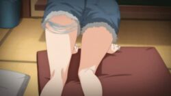 1girl 2022 20s all_fours animated animated_gif anime_screenshot ass ass_shake blonde_hair blouse denim denim_shorts from_behind jewelry kitagawa_marin long_hair multicolored_shirt nail_polish pillow ring shirt shorts sono_bisque_doll_wa_koi_wo_suru tagme thighs