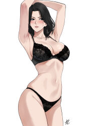 1girl armpits arms_up black_bra black_hair black_panties bra breasts clair_obscur:_expedition_33 cleavage cowboy_shot highres large_breasts lune_(clair_obscur:_expedition_33) navel panties simple_background solo underwear underwear_only xter