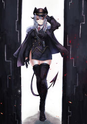 Rule 34 | 1girl, absurdres, alternate costume, aoisabu, black boots, black choker, black dress, black gloves, black hat, black horns, black jacket, black tail, boots, breasts, choker, commentary, curled horns, demon tail, dress, full body, fur-trimmed jacket, fur trim, gloves, hat, highres, horns, jacket, jacket on shoulders, large breasts, long hair, looking at viewer, military dress uniform, military uniform, multicolored hair, necktie, parted lips, red eyes, red necktie, solo, streaked hair, tail, thigh boots, thighs, wuthering waves, zani (wuthering waves)