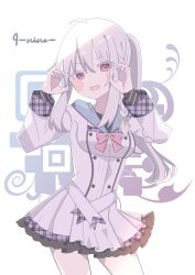1girl 9-nine- 9ra4ki33 :3 :d absurdres ahoge belt blush_stickers bow bowtie braid breasts buttons claw_pose colored_eyelashes commentary_request copyright_name cowboy_shot double-breasted dress frilled_dress frills green_ribbon grey_hair hair_between_eyes hair_ribbon hands_up highres impossible_clothes long_hair long_sleeves looking_at_viewer medium_breasts niimi_sora open_mouth pink_bow pink_bowtie pleated_dress purple_eyes ribbon school_uniform short_dress side_ponytail sidelocks simple_background single_braid smile smug solo v-shaped_eyebrows white_background white_belt white_dress white_eyelashes