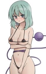 1girl allcy49 arm_under_breasts bikini black_bikini blush breasts embarrassed green_eyes green_hair hand_on_own_arm hand_on_own_crotch highleg highleg_bikini highres komeiji_koishi large_breasts looking_at_viewer nose_blush solo string_bikini swimsuit third_eye touhou wavy_mouth