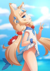 1girl absurdres animal_ear_fluff animal_ears blonde_hair blue_eyes blue_nails blue_neckerchief blue_streaks cat_ears clothes_lift crab day dress dress_lift fins fish_tail highres indie_virtual_youtuber lifebuoy_hair_ornament long_hair low_twintails neckerchief nekodan_(vupd3832) no_panties one_side_up outdoors sailor_dress sameko_saba solo tail twintails v virtual_youtuber white_dress