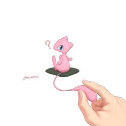 1other ? blue_eyes commentary_request creature creatures_(company) cushion fingernails game_freak gen_1_pokemon highres legendary_pokemon looking_at_viewer looking_back mew_(pokemon) mythical_pokemon nintendo pinching pokemon pokemon_(creature) simple_background sitting toes waomonkey white_background