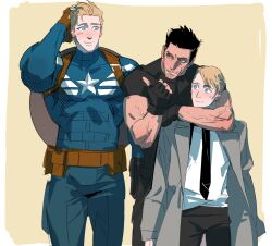 3boys arm_around_neck belt black_belt black_gloves black_hair black_necktie black_pants black_shirt blonde_hair blue_bodysuit blue_eyes blush bodysuit border brock_rumlow brown_belt brown_eyes brown_gloves captain_america captain_america:_the_first_avenger captain_america:_the_winter_soldier captain_america_(series) closed_mouth coat collared_shirt covered_collarbone cowboy_shot dual_persona fingerless_gloves gloves grey_coat hand_on_own_head hand_up highres hug juicer113 lapels long_sleeves looking_at_another male_focus marvel marvel_cinematic_universe multiple_boys muscular muscular_male necktie open_clothes open_coat outside_border pants pectorals pocket shield shield_on_back shirt short_hair short_sleeves simple_background smile standing star_(symbol) steve_rogers superhero_costume sweatdrop t-shirt teeth thumbs_up v-shaped_eyebrows white_border white_shirt yellow_background