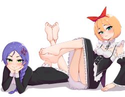 2girls absurdres babywipes barefoot blonde_hair blue_eyes blue_hair blush braid feet green_eyes highres light_smile long_hair looking_at_viewer lying maid medium_hair meili_portroute multiple_girls on_stomach panties pantyshot petra_leyte re:zero_kara_hajimeru_isekai_seikatsu single_braid soles the_pose toes underwear