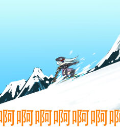 2girls beret black_headwear black_jacket black_thighhighs blue_sky chinese_commentary chinese_text commentary_request day frozen girls&#039;_frontline gloves grabbing_another&#039;s_hair grey_hair hair_ornament hat highres hk416_(girls&#039;_frontline) ice jacket long_hair long_sleeves mountain multicolored_jacket multiple_girls outdoors purple_jacket sky snow snowboarding su_xiao_jei thighhighs translated two-tone_jacket white_gloves