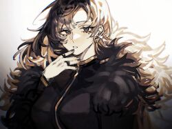1girl binah_(project_moon) black_coat black_dress black_eyes black_hair black_nails blonde_hair bngb_love coat colored_inner_hair dress earrings fur-trimmed_coat fur_trim highres jewelry library_of_ruina long_hair looking_at_viewer mole mole_under_eye multicolored_hair project_moon ring simple_background solo upper_body