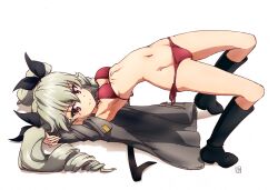 1girl absurdres anchovy_(girls_und_panzer) anzio_military_uniform bikini blush breasts closed_mouth drill_hair erakin girls_und_panzer green_hair hair_ribbon highres long_hair looking_at_viewer medium_breasts military_uniform navel red_bikini red_eyes ribbon side-tie_bikini_bottom simple_background smile solo swimsuit white_background