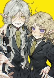 1boy 1girl arms_around_neck arms_around_waist bags_under_eyes blonde_hair business_suit dungeon_meshi elf fleki formal_clothes from_above green_eyes green_necktie grey_hair grin hair_around_ear hair_tubes hand_tattoo highres long_hair looking_at_viewer low_twintails lycion necktie notched_ear nova_1810 outstretched_hand pointy_ears purple_eyes simple_background smile suit sunglasses tattoo twintails upper_body yellow_background
