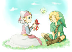 1boy 1girl blonde_hair blue_eyes closed_eyes fairy hat inumimi_moeta link navi nintendo outdoors pointy_ears princess_zelda smile the_legend_of_zelda the_legend_of_zelda:_ocarina_of_time young_link young_zelda