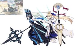 2girls artoria_caster_(fate) artoria_caster_(third_ascension)_(fate) artoria_pendragon_(fate) black_dress black_gloves blonde_hair blue_eyes bow braid crown dress fate/grand_order fate_(series) gloves green_eyes hair_between_eyes hair_bow half_up_braid high_heels highres hwanm_fate long_hair morgan_le_fay_(fate) morgan_le_fay_(queen_of_winter)_(fate) multiple_girls polearm ponytail simple_background spear veil very_long_hair weapon white_hair