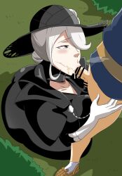 1boy 1girl age_difference breasts cleavage cogita_(pokemon) fellatio highres huge_breasts large_breasts mature_female nintendo old old_woman onee-shota oral pokemon pokemon_legends:_arceus rei_(pokemon) shota smile tonsuke
