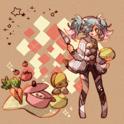 1girl blue_hair cabbage carrot cooking_pot fire_emblem fire_emblem_fates food gradient_hair hair_over_one_eye holding holding_food holding_knife holding_vegetable knife multicolored_hair nintendo peri_(fire_emblem) pink_hair tomato toskogahazan twintails two-tone_hair vegetable