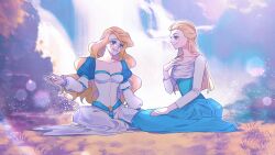 2girls barbie_(character) barbie_(franchise) barbie_movies barbie_of_swan_lake blonde_hair blue_dress blue_eyes blurry bokeh breasts crossover depth_of_field dress friends highres juliet_sleeves long_hair long_sleeves look-alike looking_at_another multiple_girls odette_(barbie) odette_(the_swan_princess) okitafuji puffy_sleeves sitting small_breasts smile swan_lake the_swan_princess water waterfall wavy_hair white_dress